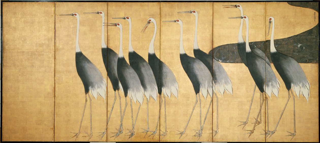 Tela de seis painéis representando guindastes, período Edo (tinta, cor, ouro e prata sobre papel) de Ogata Korin