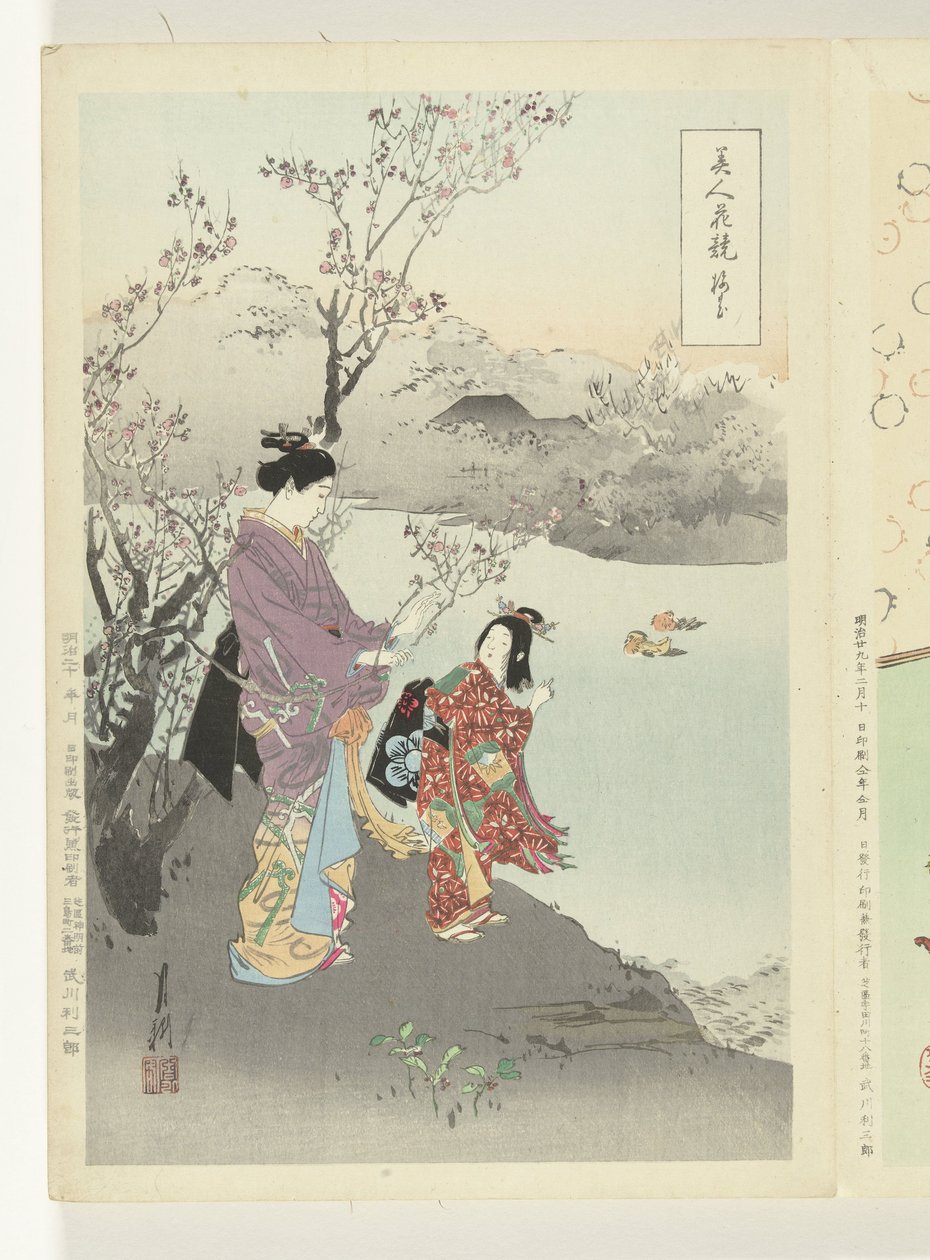Admirando a flor de ameixa
Comparações entre belezas e flores (título da série)
Bijin hana kurabe (título da série sobre o objecto) de Ogata Gekko