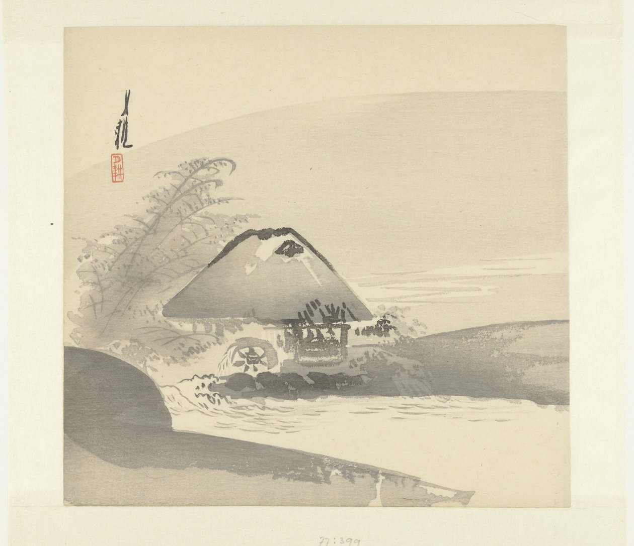 Paisagem fluvial mostrando casa com roda de água de Ogata Gekko