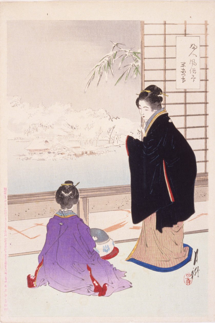 Snow And A Quiet House (Kanka No Yuki) (impressão em bloco de madeira a cores) de Ogata Gekko