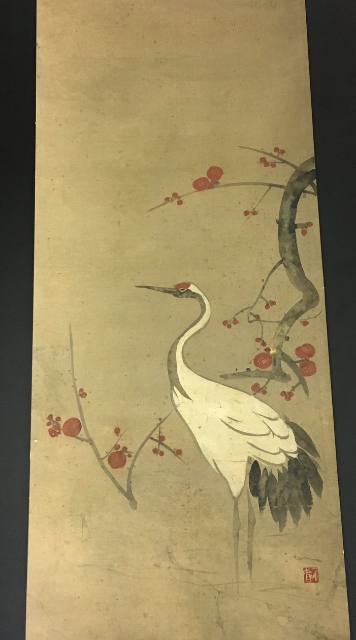 Ramo de ameixa vermelha e um grou de Ogata Kenzan