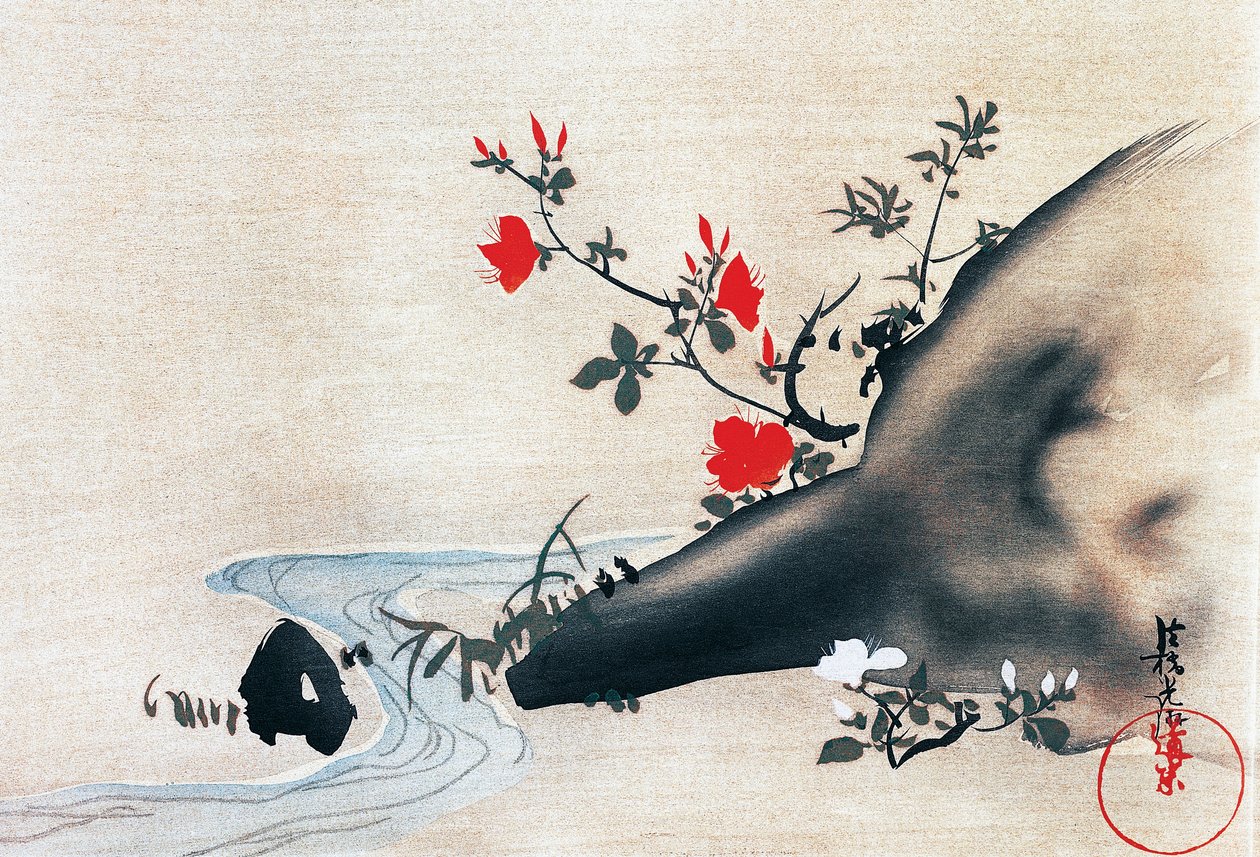 Azáleas e riacho, kakemonos (pergaminhos pendurados) pintados em seda por Korin Ogata (1658-1716), Período Edo (1603-1868), Japão de Ogata Korin