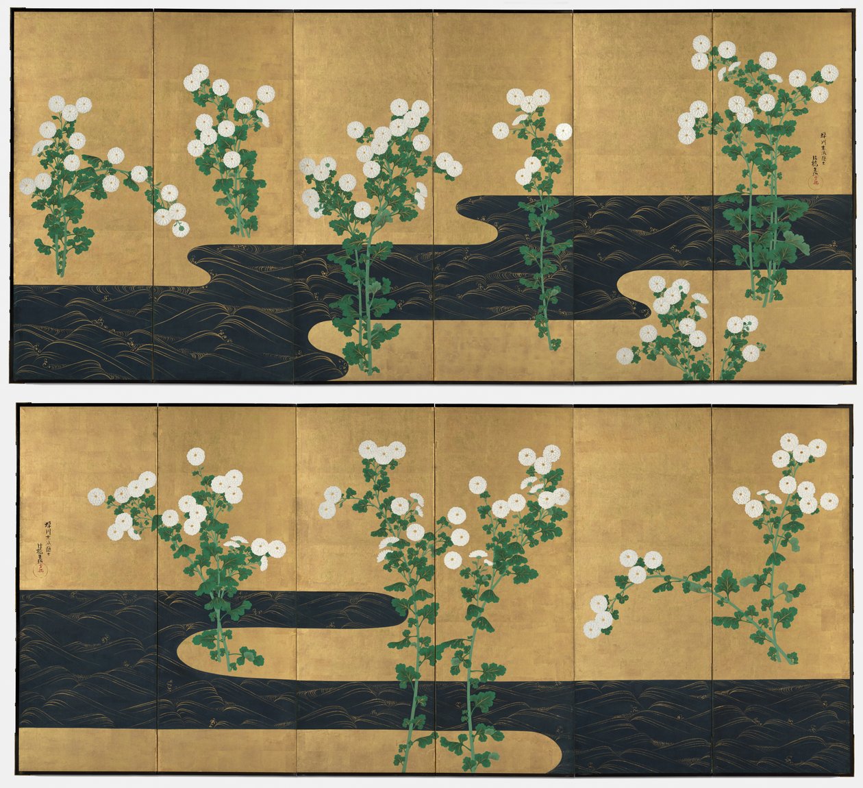 Crisântemos por um córrego de Ogata Korin