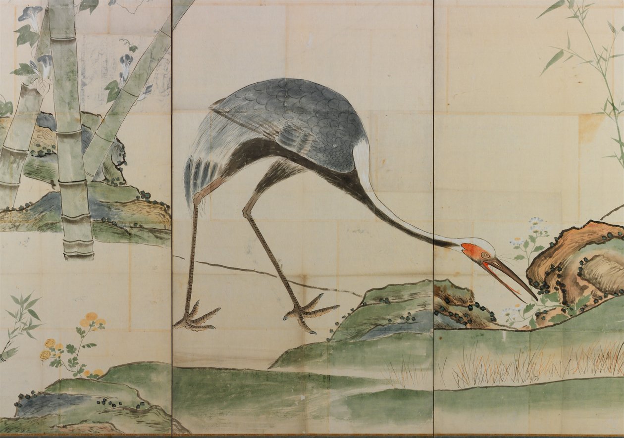 Guindastes, pinheiros e bambu, século XVII, par de telas dobráveis (tinta e cor clara no papel) de Ogata Korin