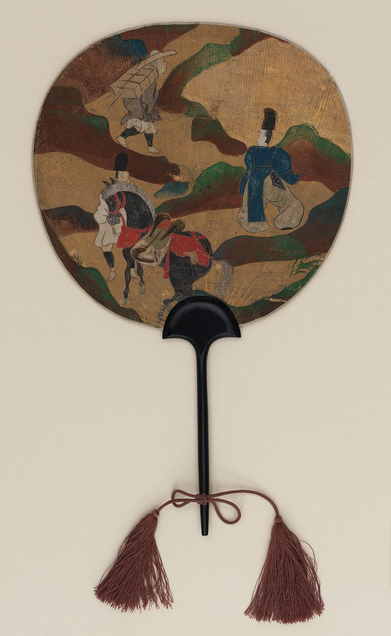 Fã; de um lado Narihira e o peregrino; do outro, crisântemos e um riacho, período Edo, final do século 17 - início do século 18 (tinta, cor e ouro no papel) de Ogata Korin