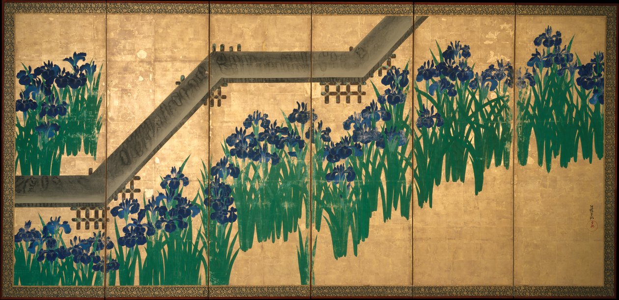 Íris em Yatsuhashi (Oito pontes) de Ogata Korin
