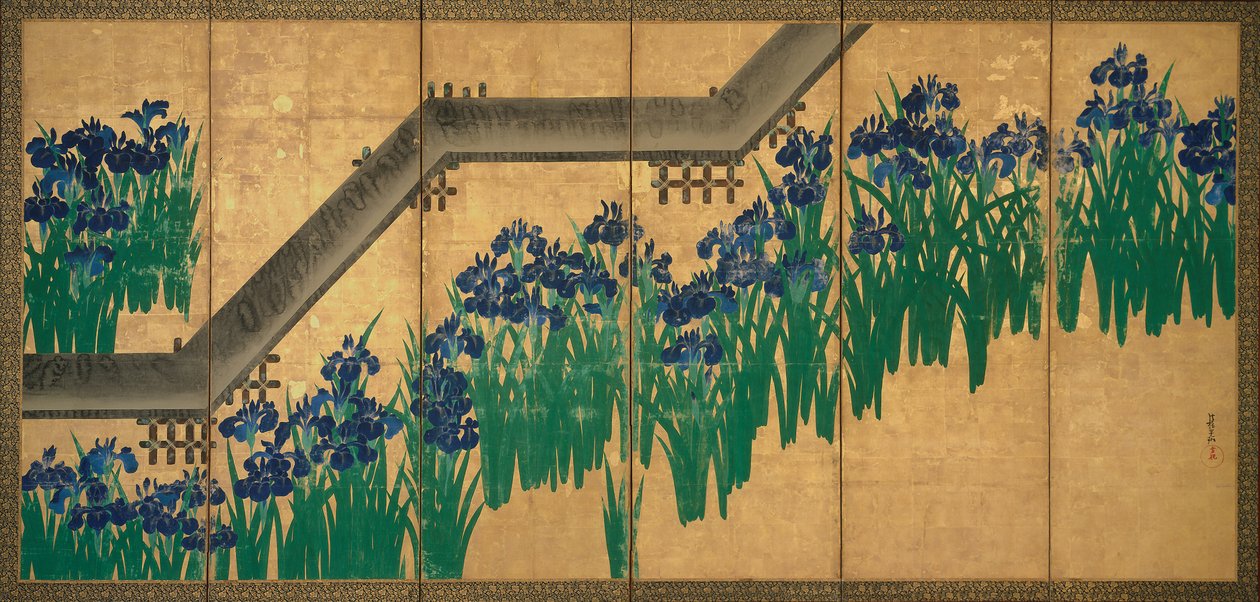 Íris em Yatsuhashi (Oito Pontes), c.1709 (tinta e cor sobre folha de ouro sobre papel) de Ogata Korin