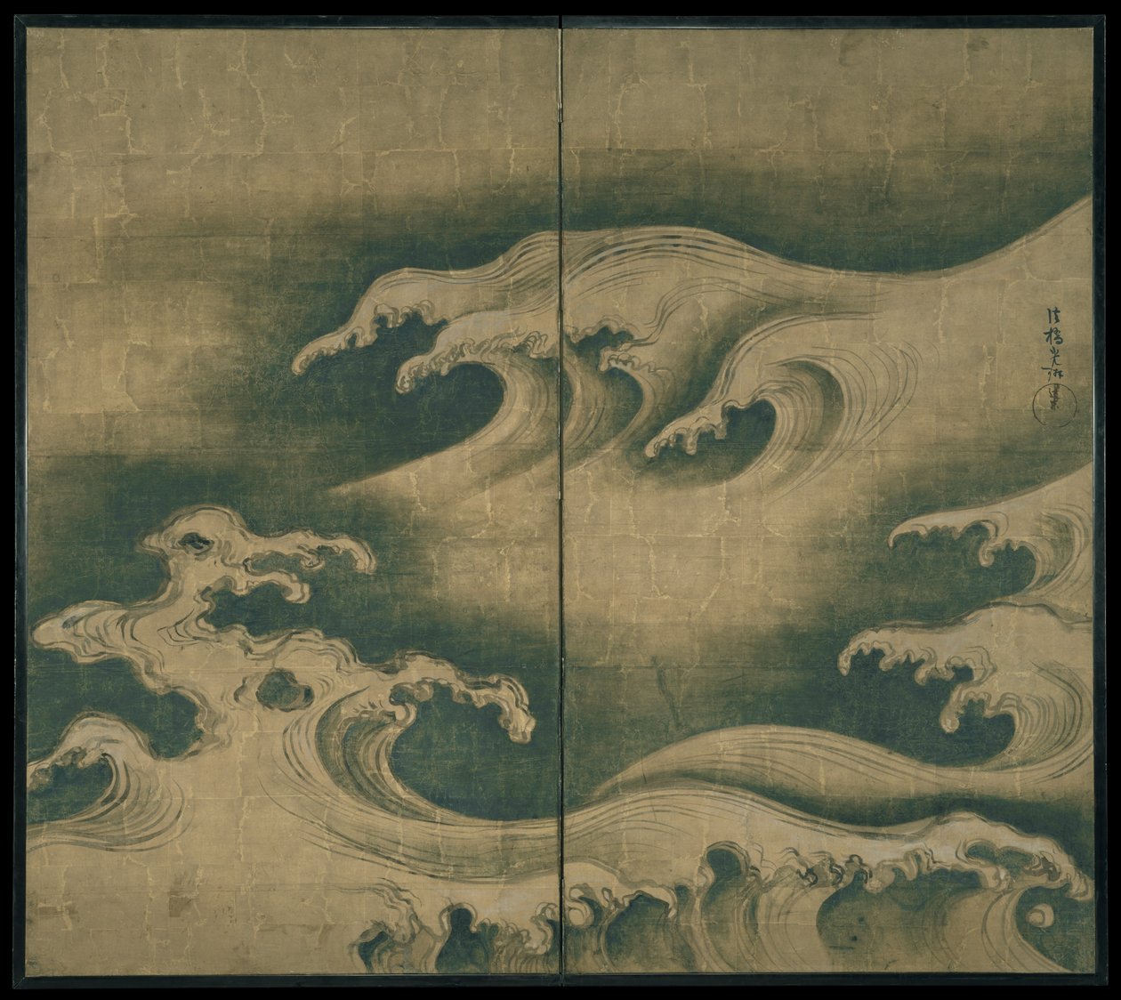 Ondas ásperas, tela dobrável de dois painéis, c.1704-9 (tinta, cor e folha de ouro sobre papel) de Ogata Korin