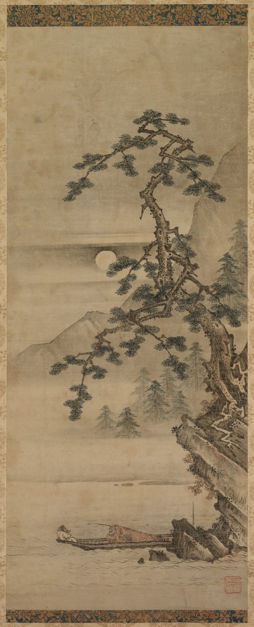 Paisagem enluarada do pinheiro com o ancião no barco, período de Muromachi, 1392-1573. de Oguri Sotan