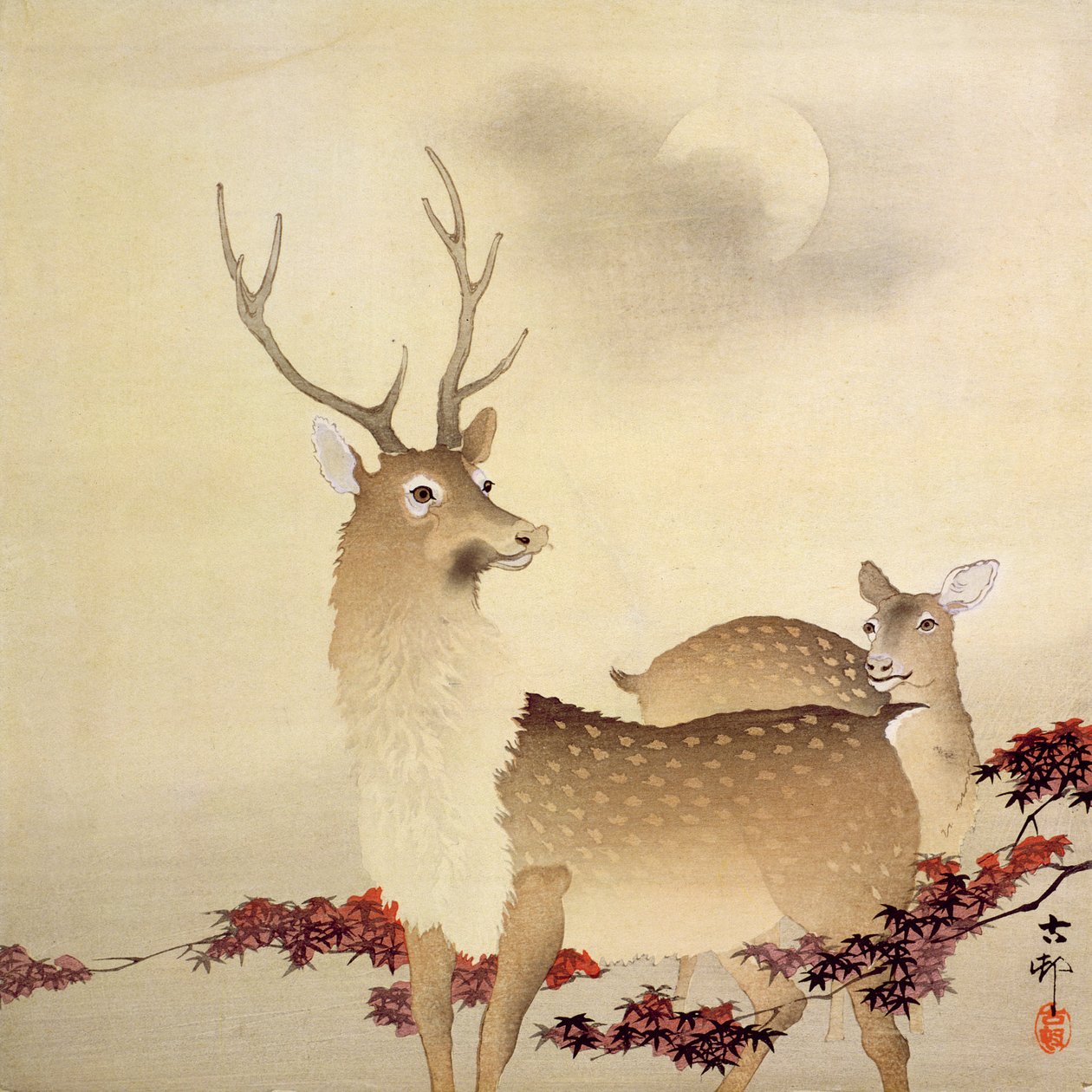 Um cervo e seus jovens sob a lua, c.1930 (impressão em xilogravura a cores) de Ohara Koson