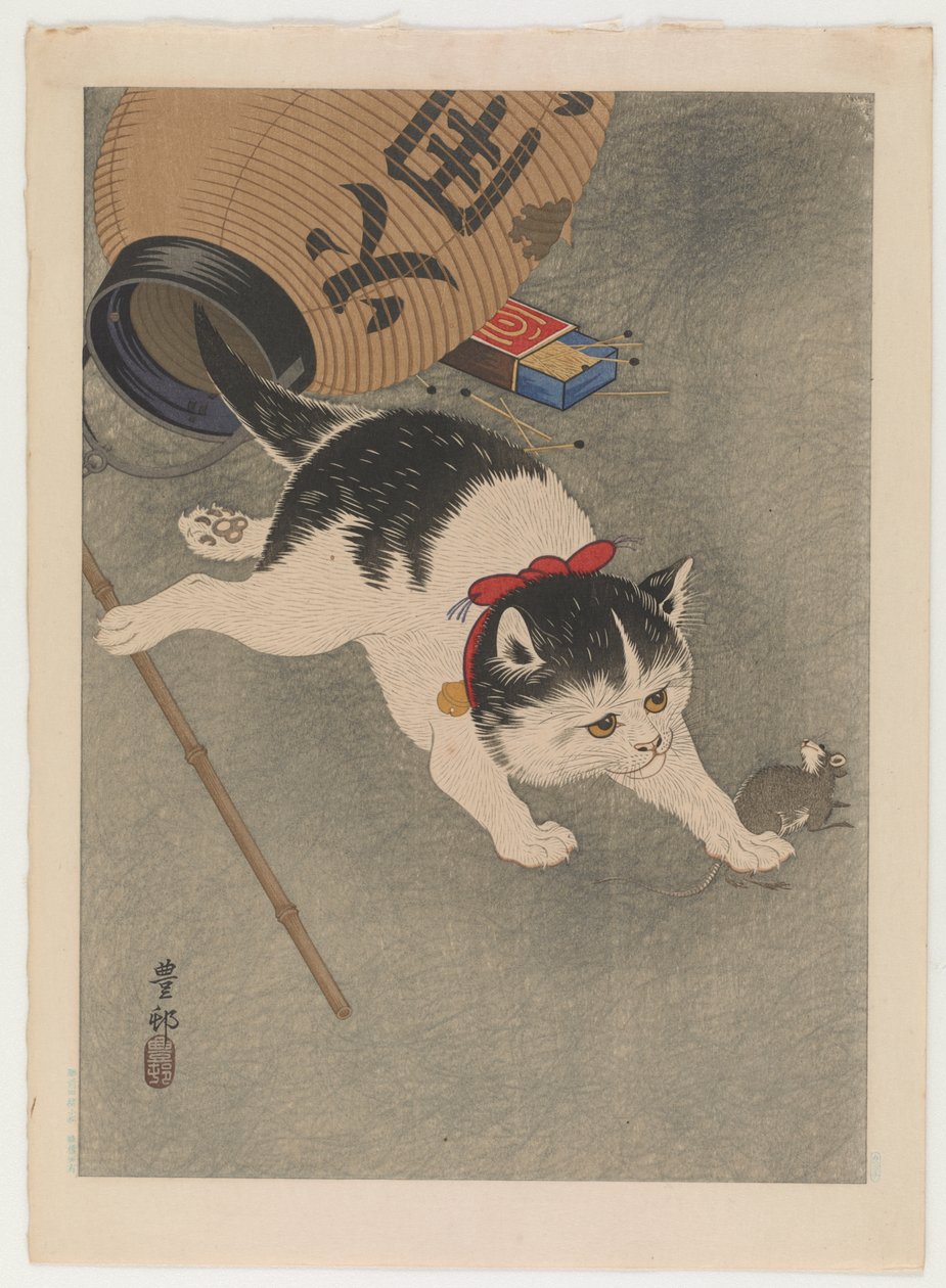 Gato e rato, c.1930 (impressão em xilogravura a cores) de Ohara Koson