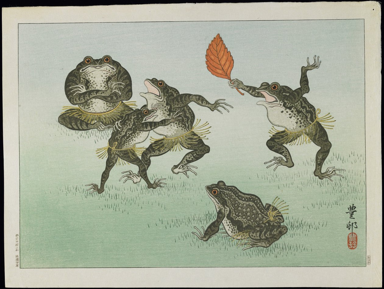 Frogs Wrestling, década de 1930 (impressão em xilogravura a cores) de Ohara Koson