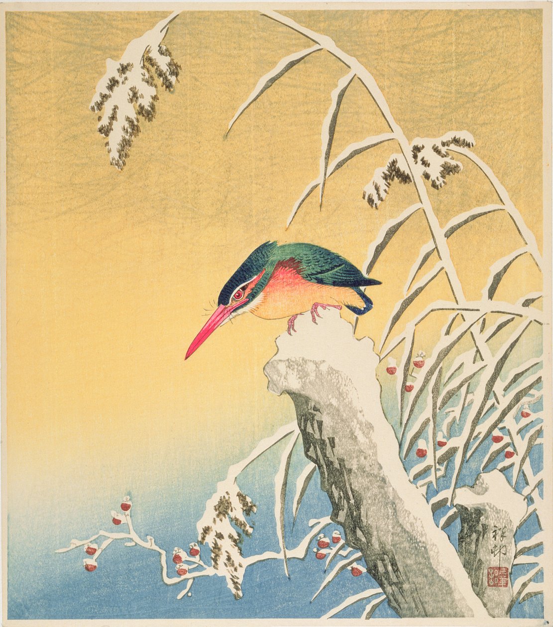 Martim-pescador na neve, 1935 (impressão do woodblock da cor) de Ohara Koson