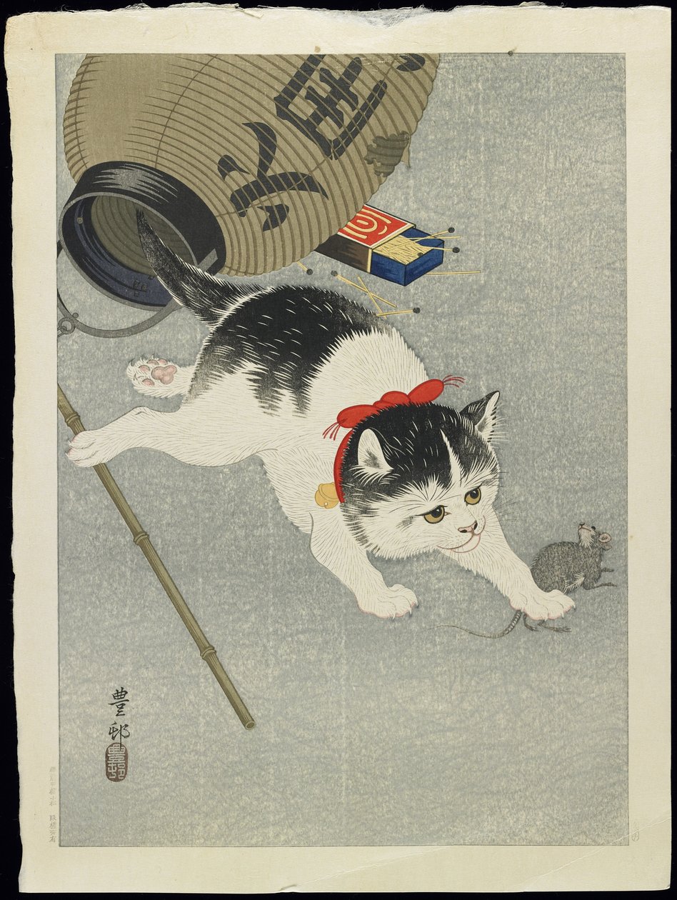 Gatinho e Lanterna, década de 1930 de Ohara Koson