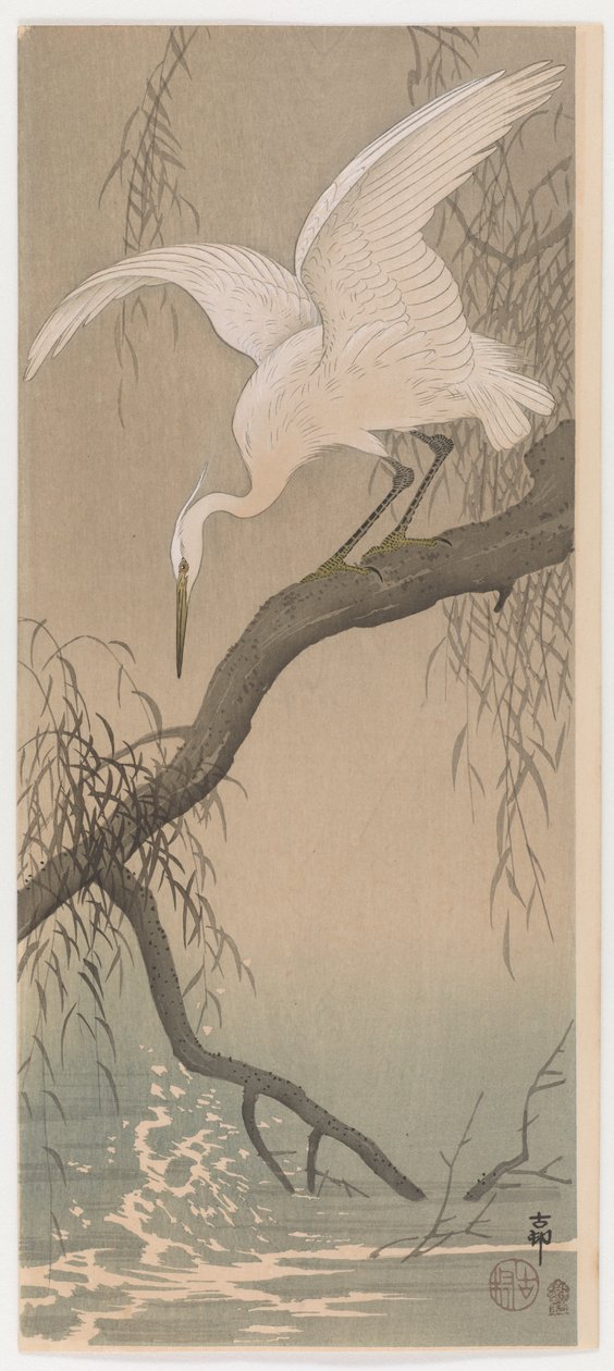 Garça-branca-pequena, c.1910 (impressão do woodblock da cor) de Ohara Koson