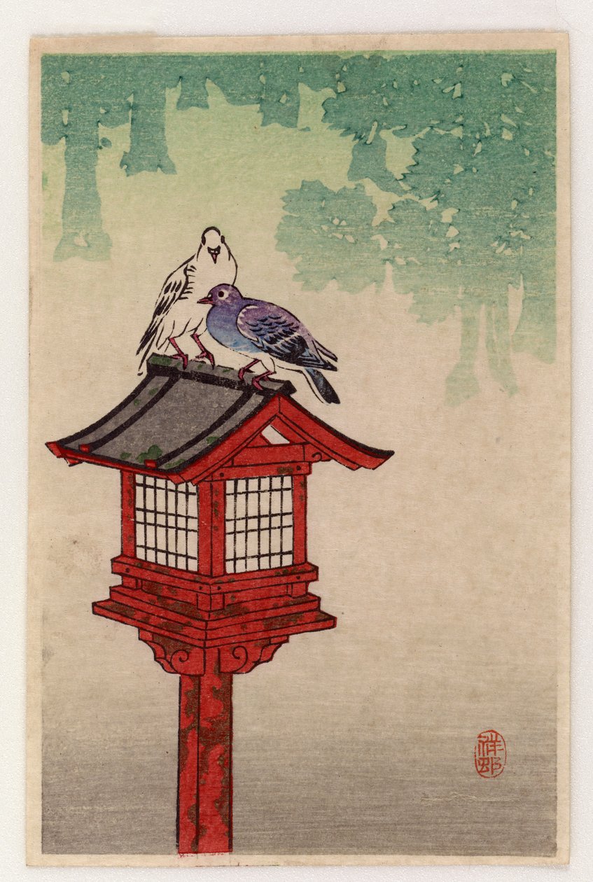 Pombos Em Uma Lanterna Dedicatória (print woodblock de cor) de Ohara Koson