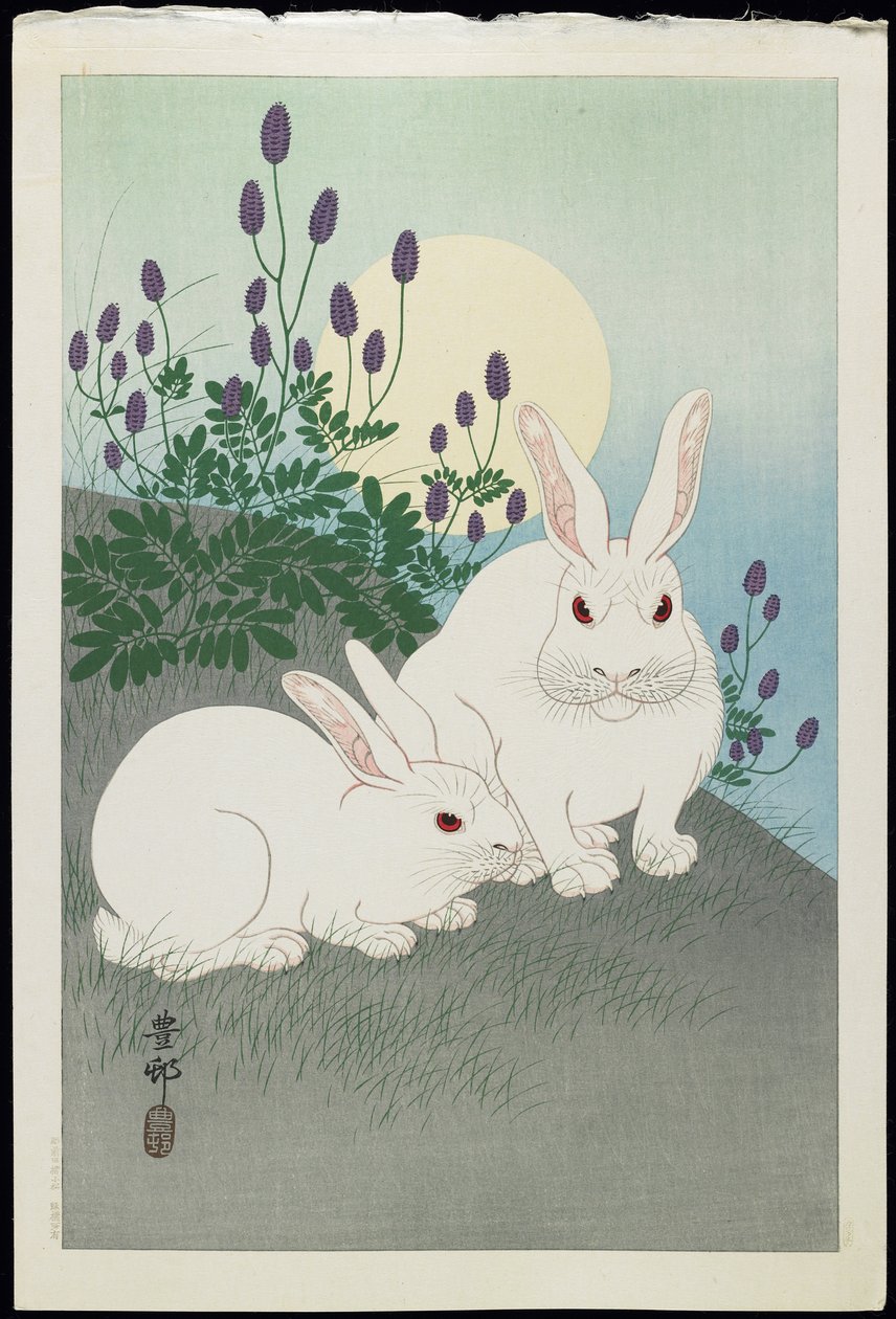 Dois coelhos brancos sob uma lua cheia, década de 1930 de Ohara Koson