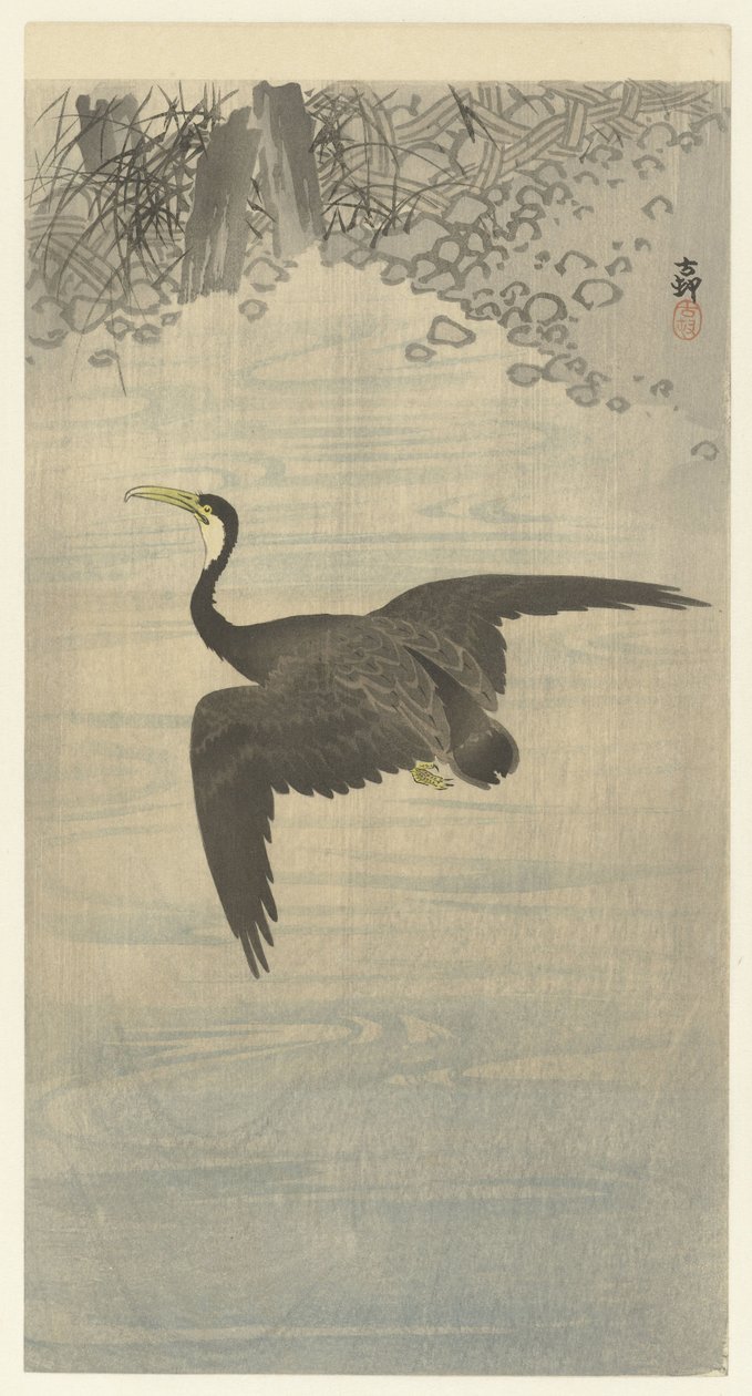 Cormorant em voo de Ohara Koson