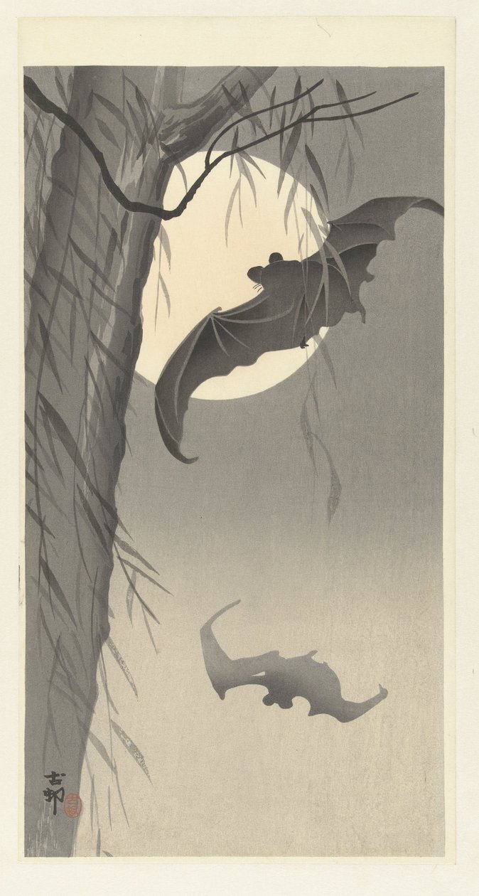 Morcegos e lua cheia de Ohara Koson