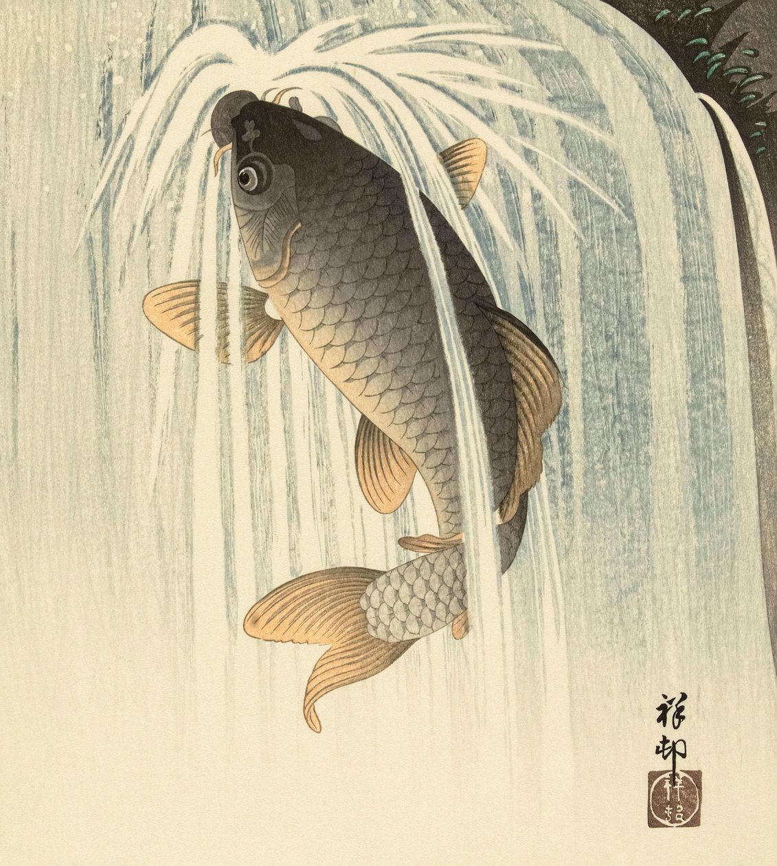 Carp Under a Waterfall, do artista japonês Ohara Koson de Ohara Koson