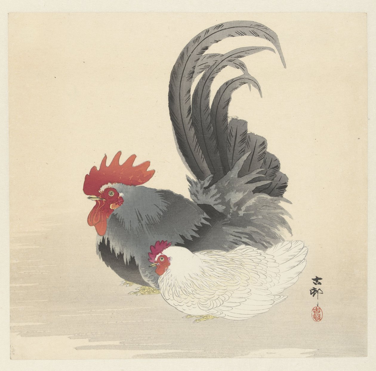 Galinha e galo de Ohara Koson