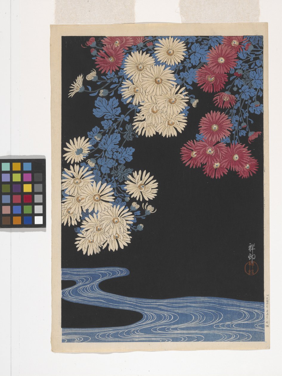 Crisântemos e Corrente (impressão em bloco de madeira a cores) de Ohara Koson