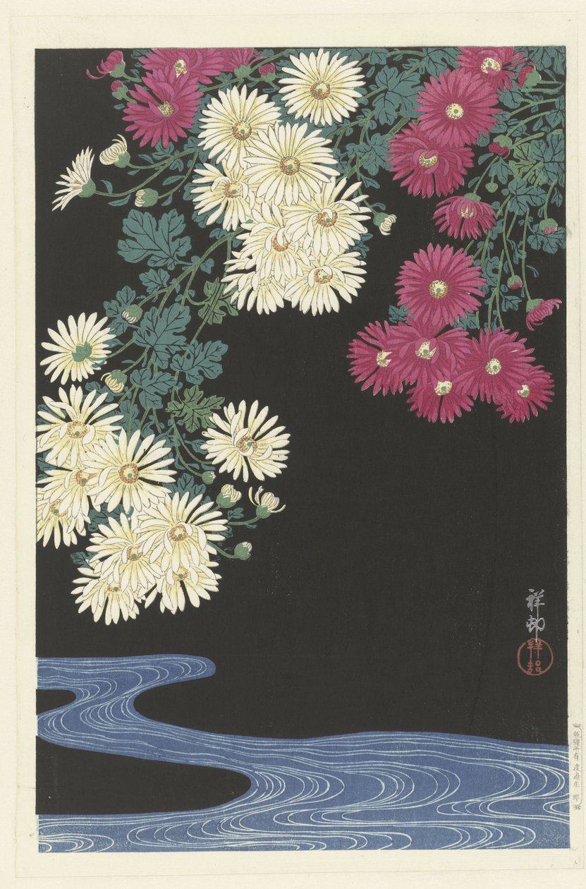 Crisântemos e Água Corrente de Ohara Koson