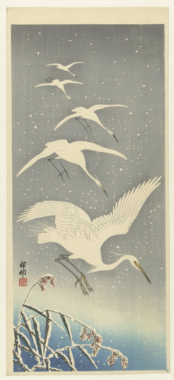 Garças descendentes na neve de Ohara Koson