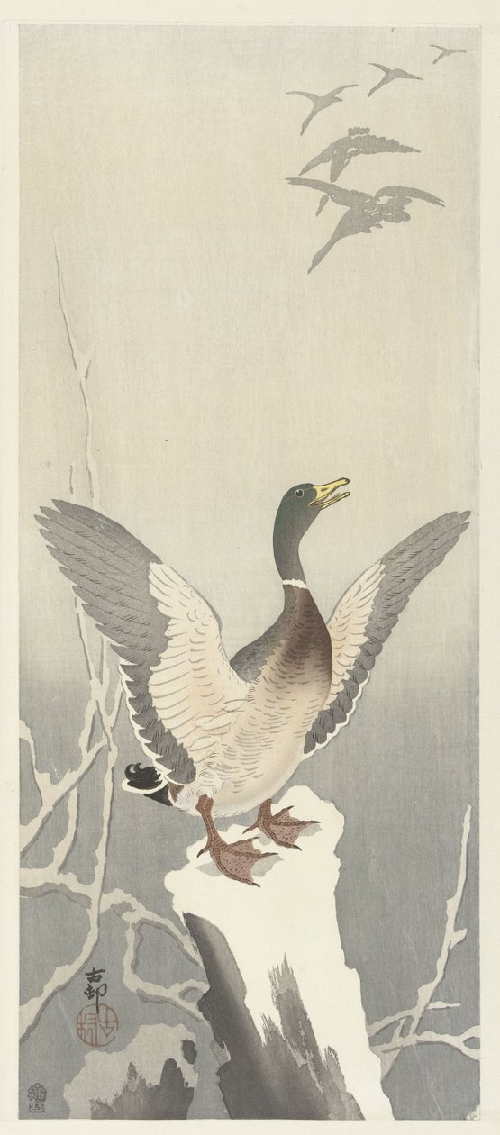Pato no toco de árvore nevado de Ohara Koson