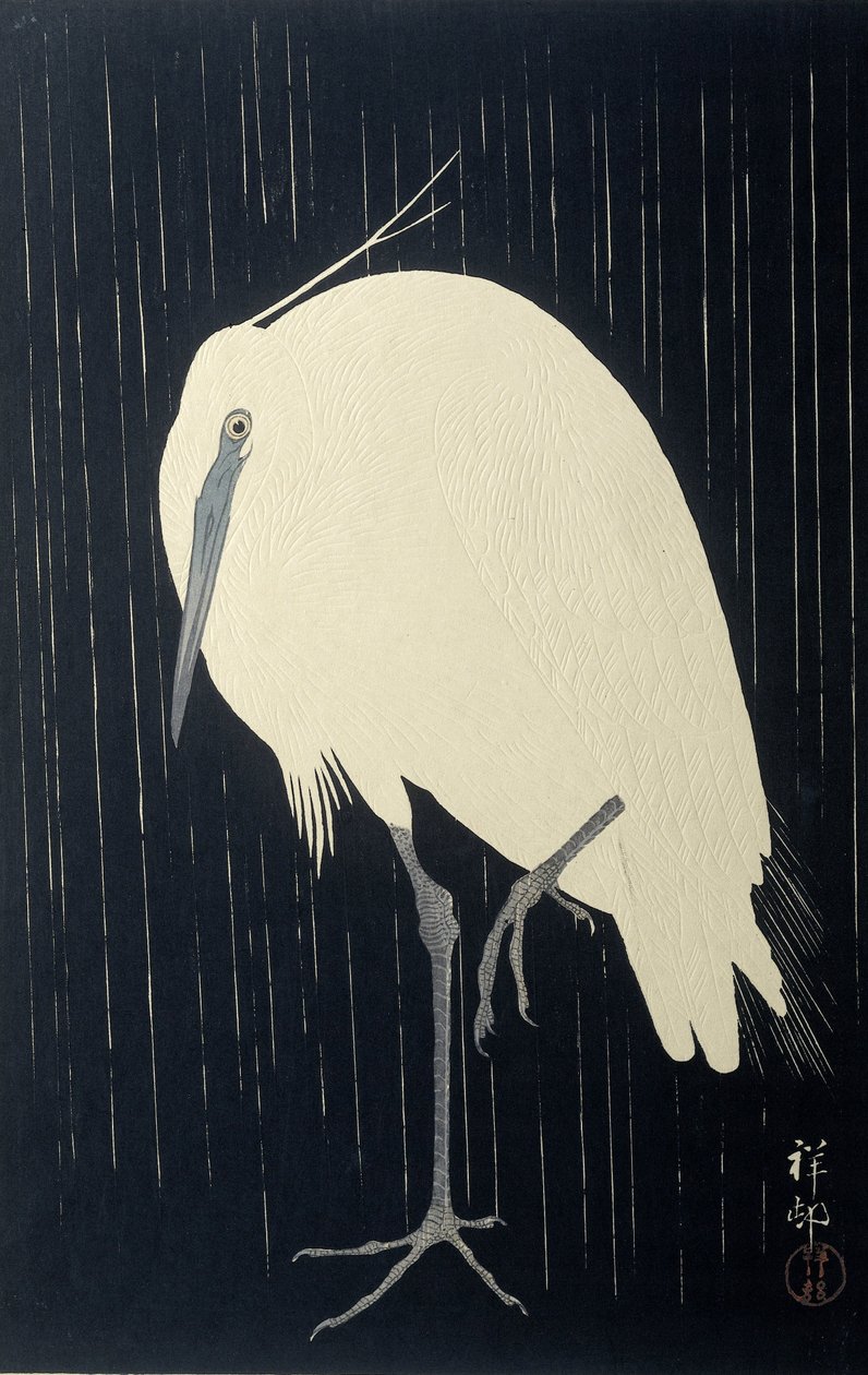 Garça na chuva, 1925-36 (cor xilogravura) de Ohara Koson