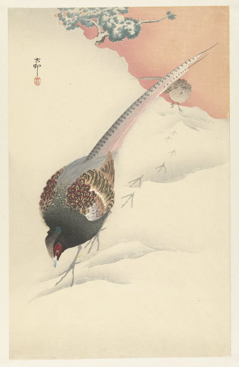 O casal de faisões na neve de Ohara Koson