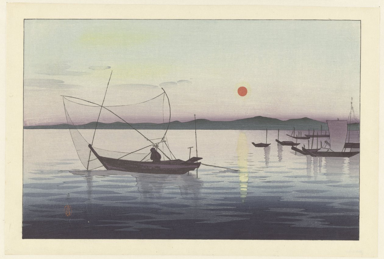 Barcos de pesca ao pôr do sol de Ohara Koson
