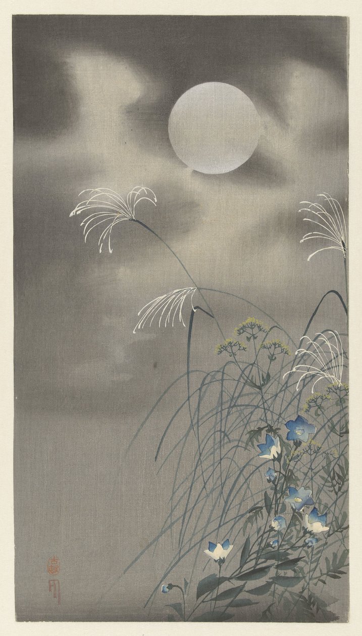 Gramíneas e flores na lua cheia de Ohara Koson