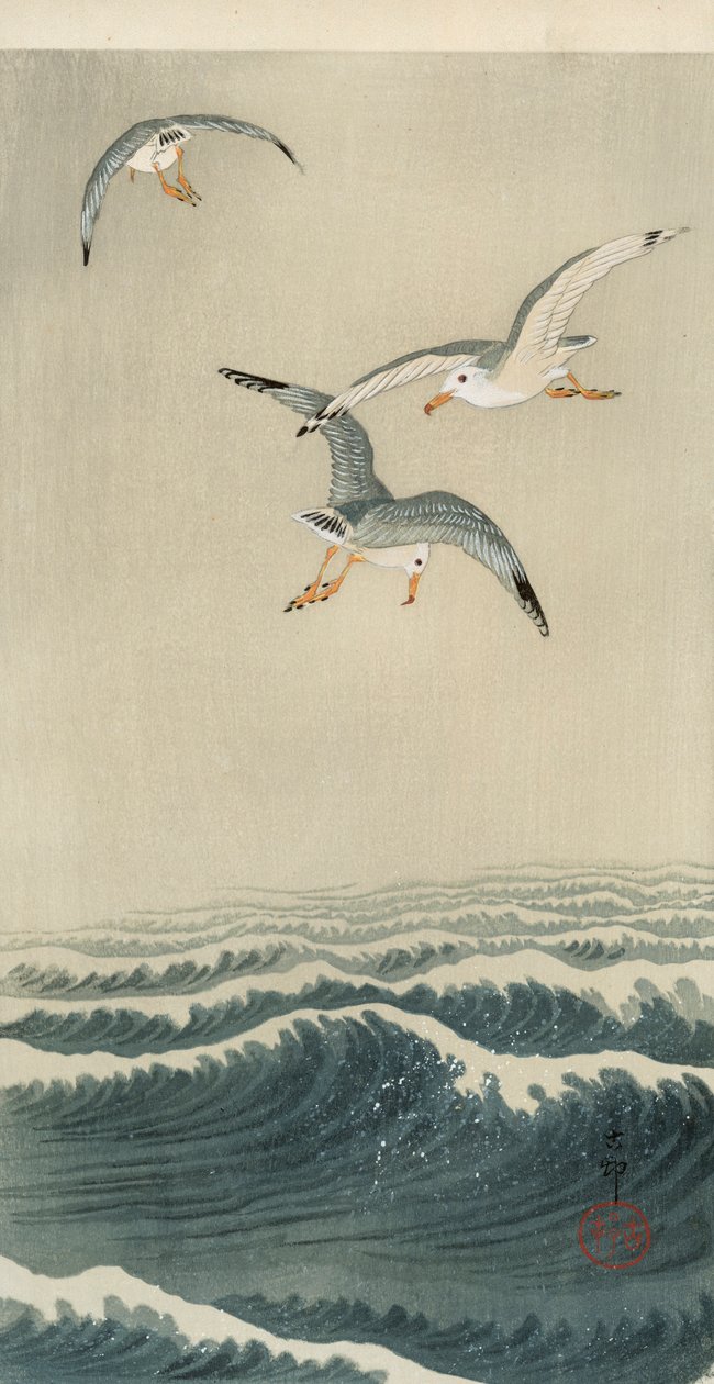 Gaivotas no mar de Ohara Koson