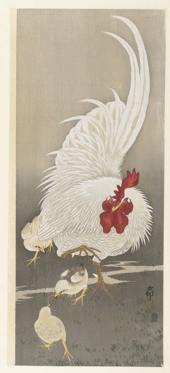 Galo e três pintos de Ohara Koson
