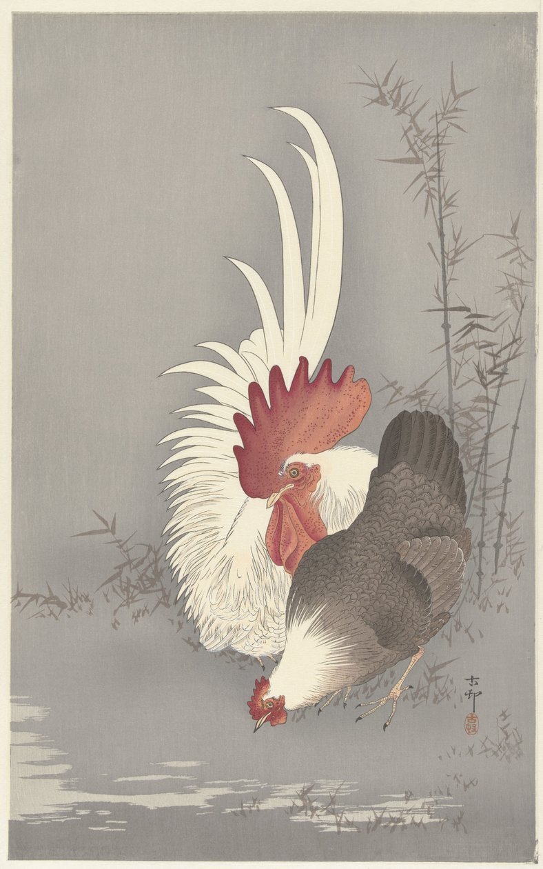 Galo e galinha de Ohara Koson