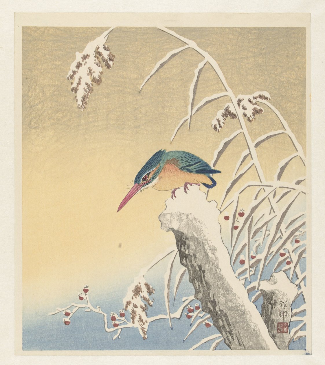 Martim-pescador na neve de Ohara Koson