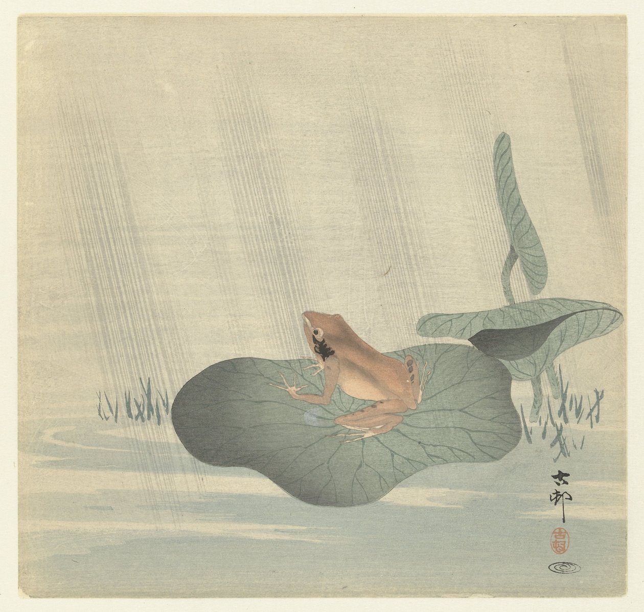 Rã sobre folha de lótus de Ohara Koson