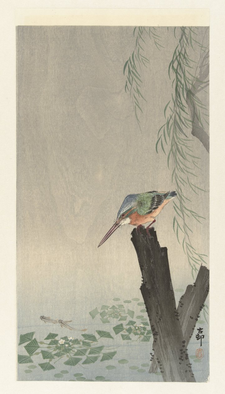 Martim-pescador num cepo de árvore de Ohara Koson