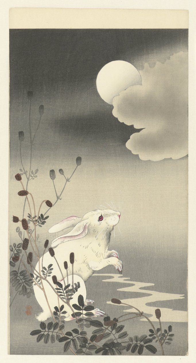 Coelho na lua cheia de Ohara Koson