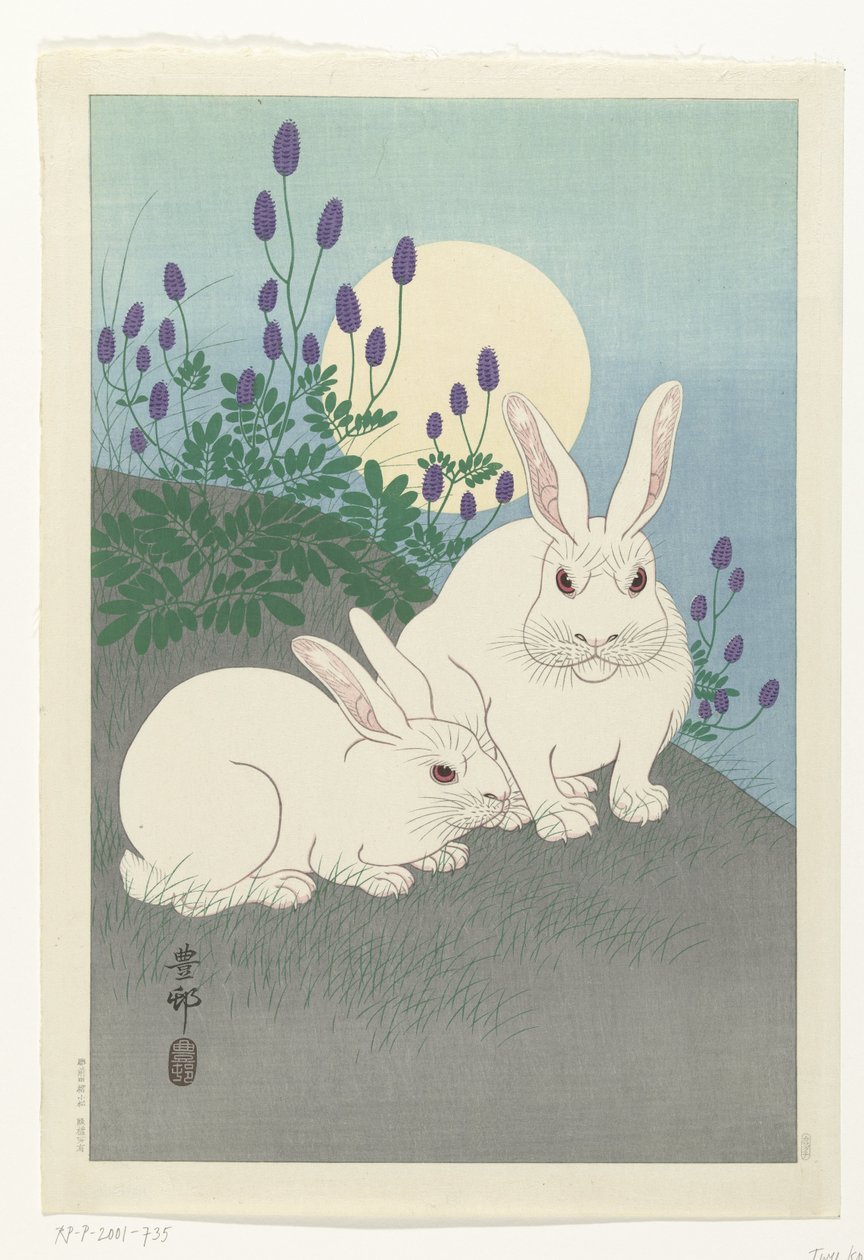 Coelhos na lua cheia de Ohara Koson