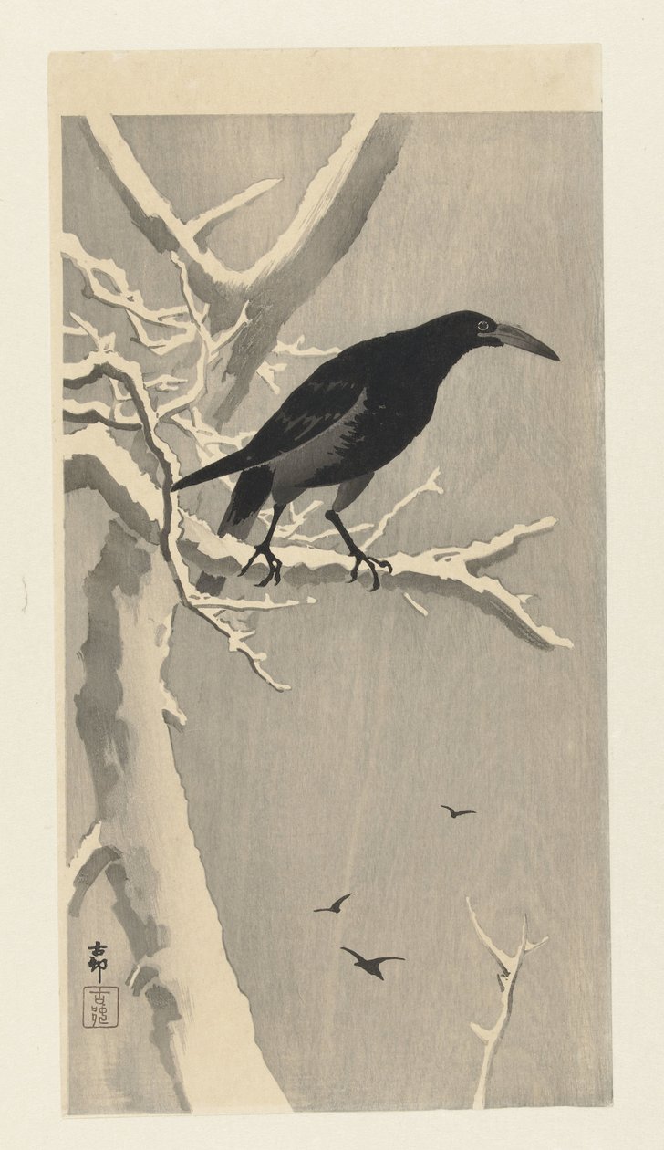 Corvo sobre ramo de árvore com neve. de Ohara Koson