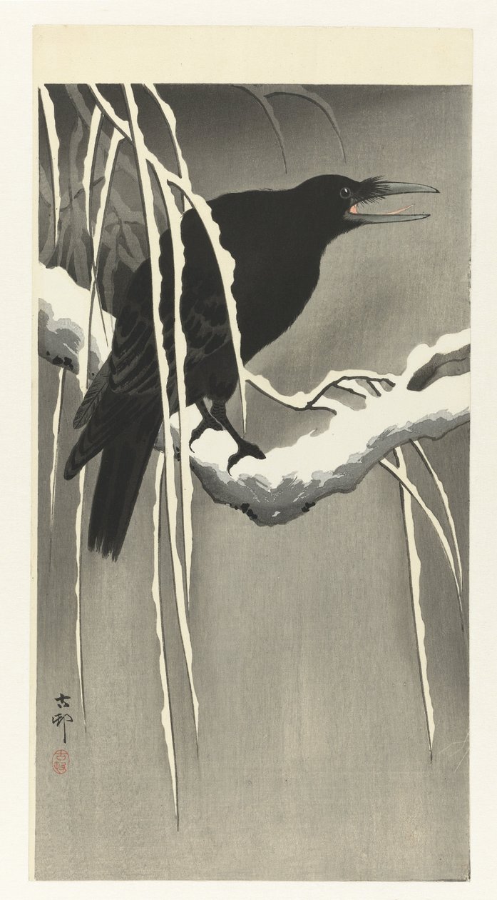 Corvo no galho nevado de Ohara Koson