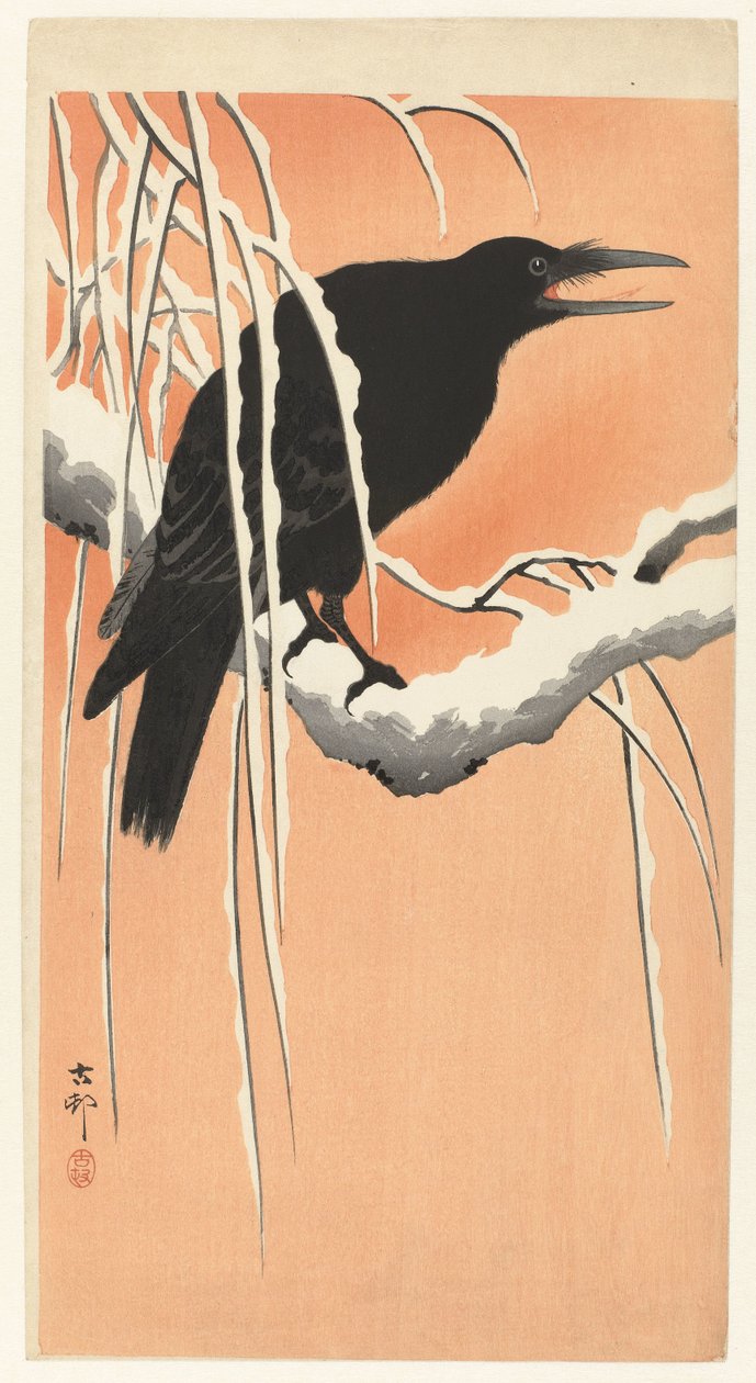 Corvo sobre ramo nevado de Ohara Koson