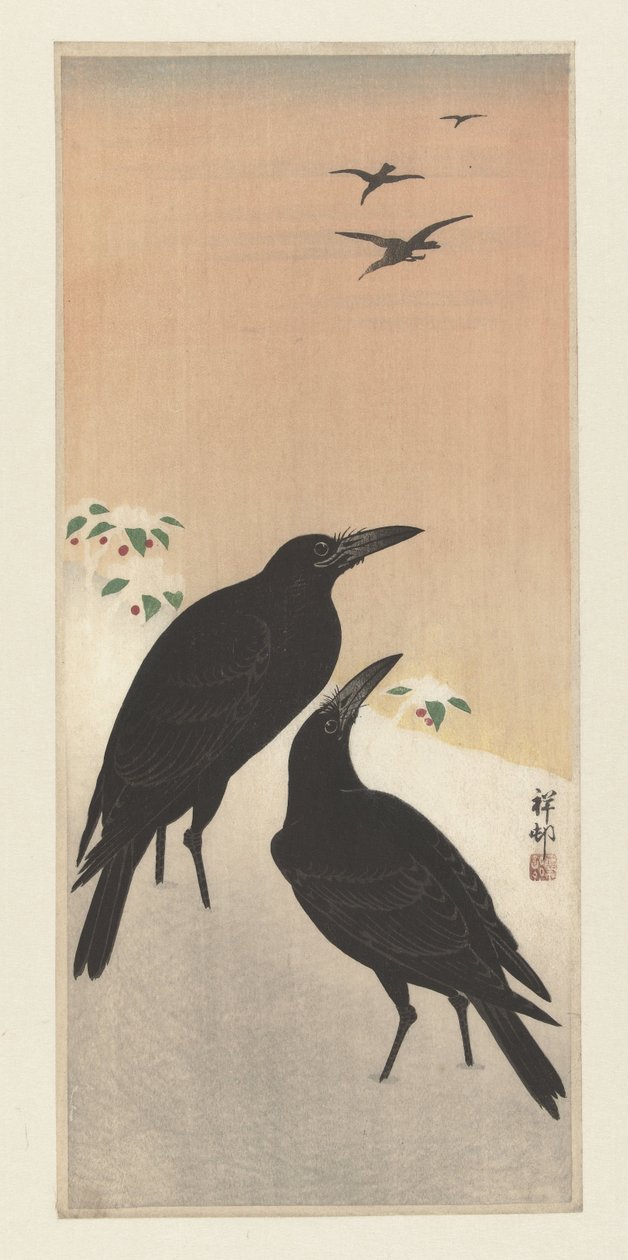 Corvos na neve de Ohara Koson