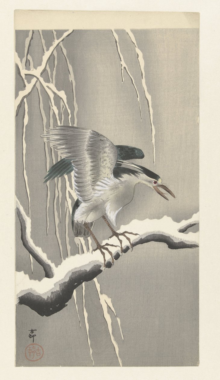 Quack no galho nevado de Ohara Koson