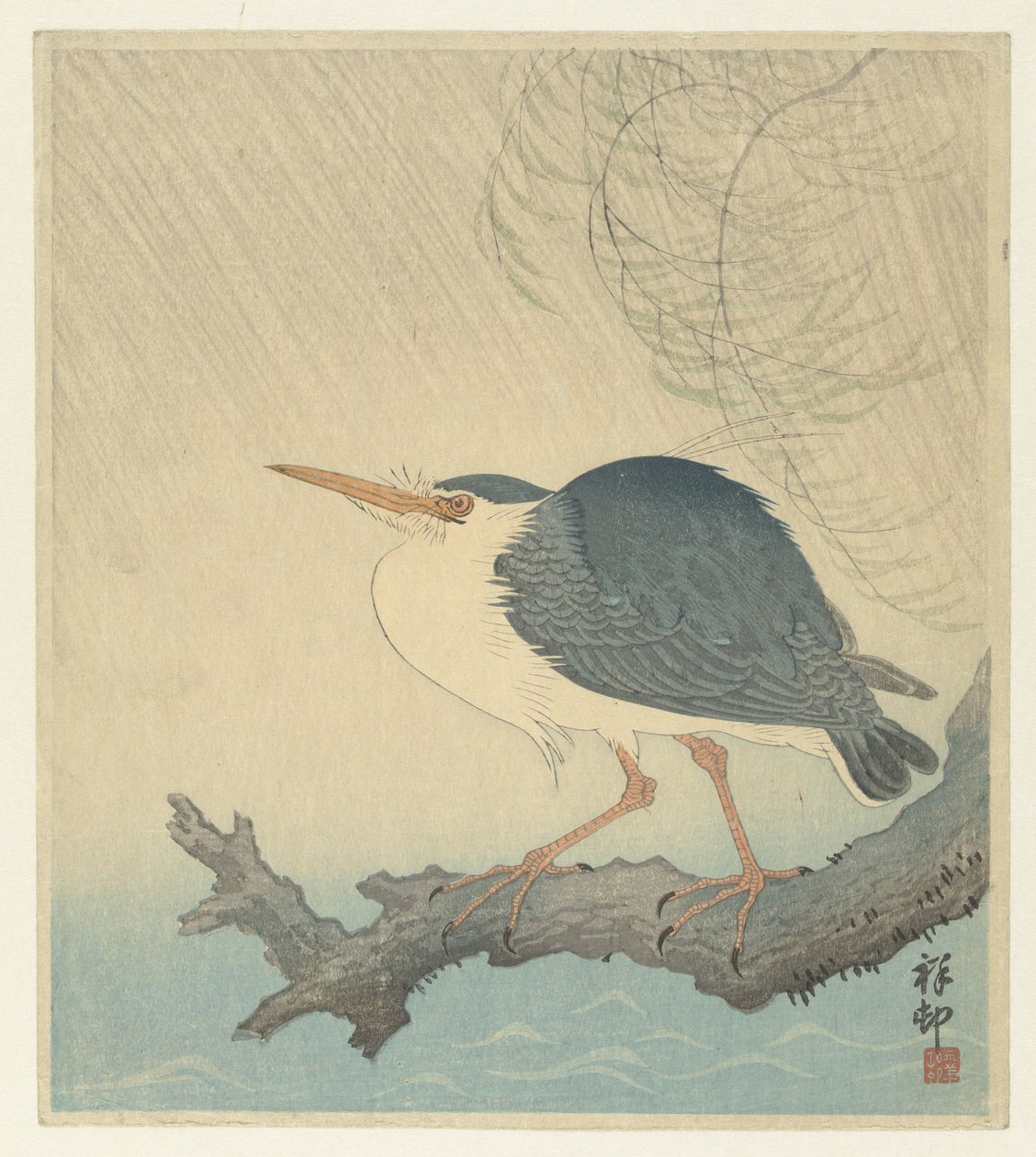 Quack sobre tronco de árvore de Ohara Koson