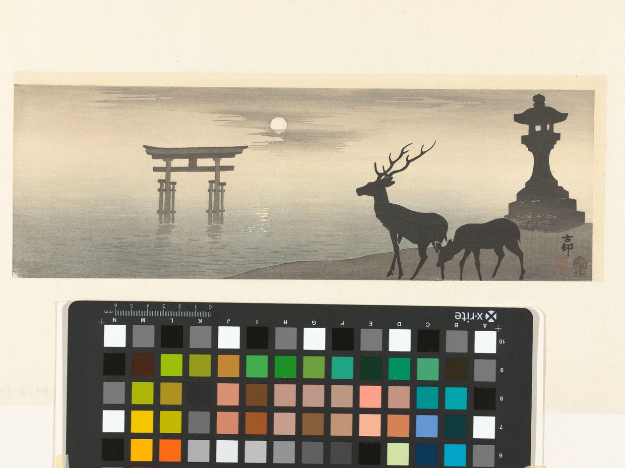 Paisagem com torii e veados de Ohara Koson