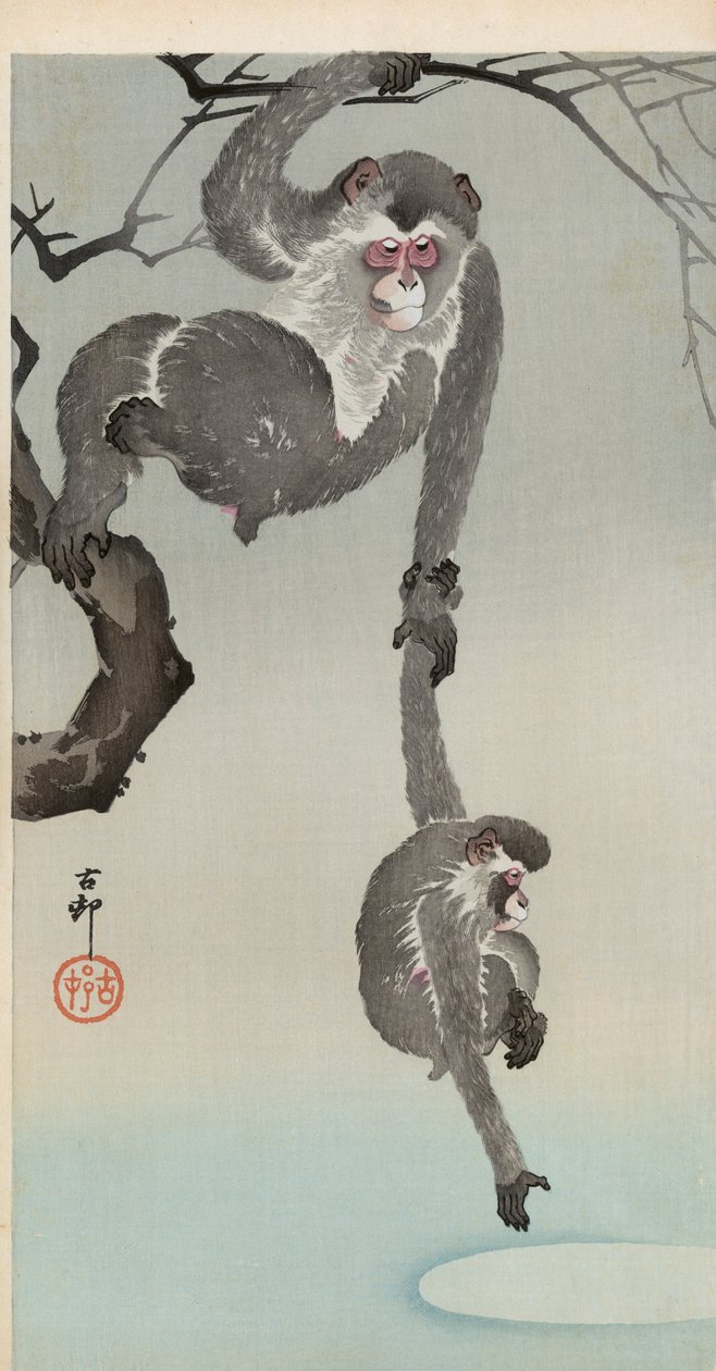 Macaco e bebê alcançando o reflexo da lua de Ohara Koson