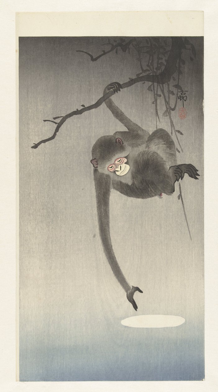 O macaco procura o reflexo da lua de Ohara Koson